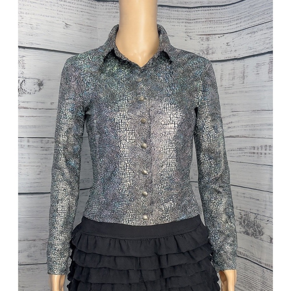VTG 90s Betsey Johnson USA Holographic Button Up Top S Y2K Club Rave Blouse USA